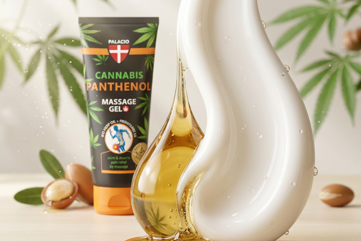 Konceptuelt macro-billede af Palacio Panthenol Gel � Hudens genopbygning illustreret gennem gedesm�lk og arganolie i en luksuri�s synergi