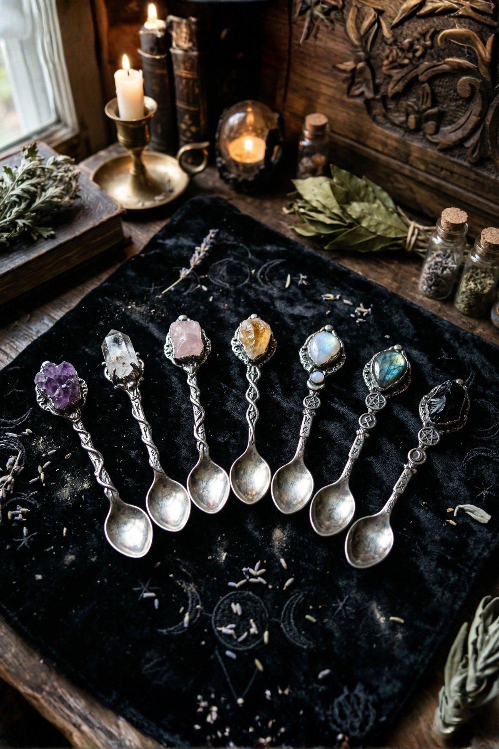 Gemstone Witch Spoons spirituelt krystalsæt i Dark Silver