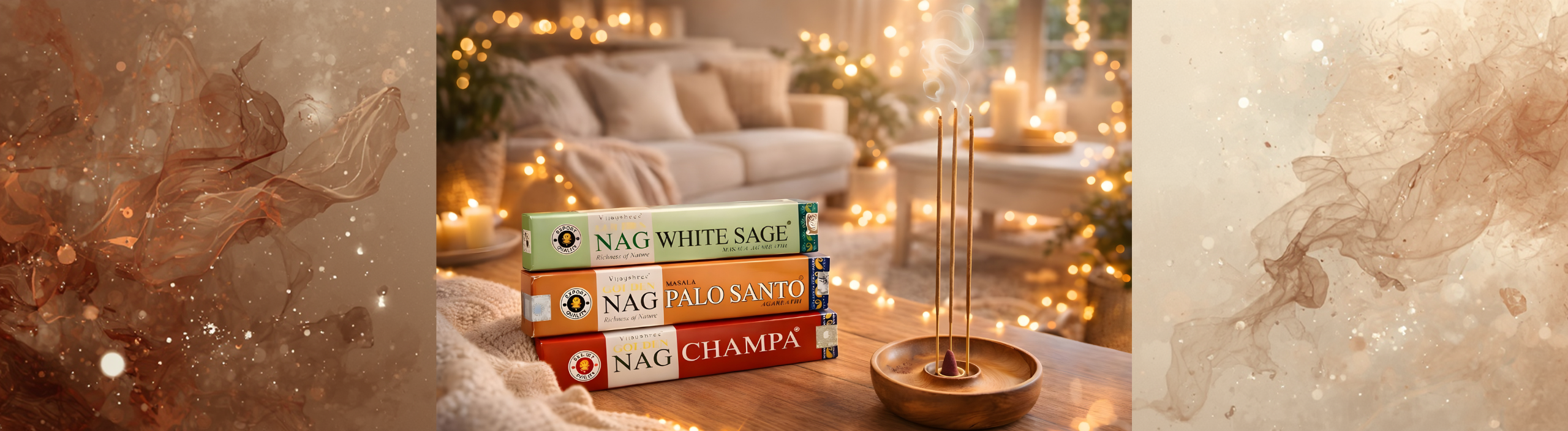 Buddha r�gelsesholder og tre pakker Golden Nag r�gelse p� et bord