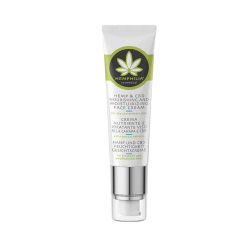 Hemphilia �kologisk Fugtgivende ansigtscreme 50 ml til t�r hud. Hvid og gr�n tube med pumpe og hampblad-logo.