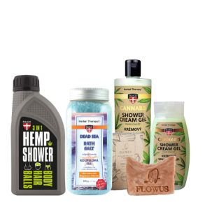Naturlig shower gel, badesalt og badeolie med hamp, herunder produkter fra Palacio, Weedness og Mikka til t�r hud
