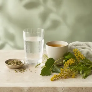 Botanisk stilleben med urtete, friske urter og vand til kategorien Udrensning og v�skebalance