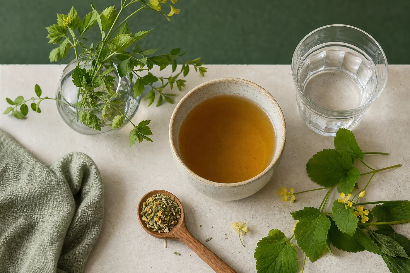 Urtete, vand og botaniske ingredienser p&aring; et lyst bord