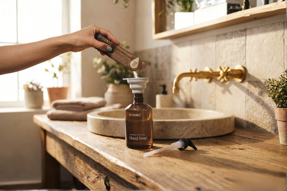 S&aring;dan virker [RE-ESSENCE] pulver refill systemet.