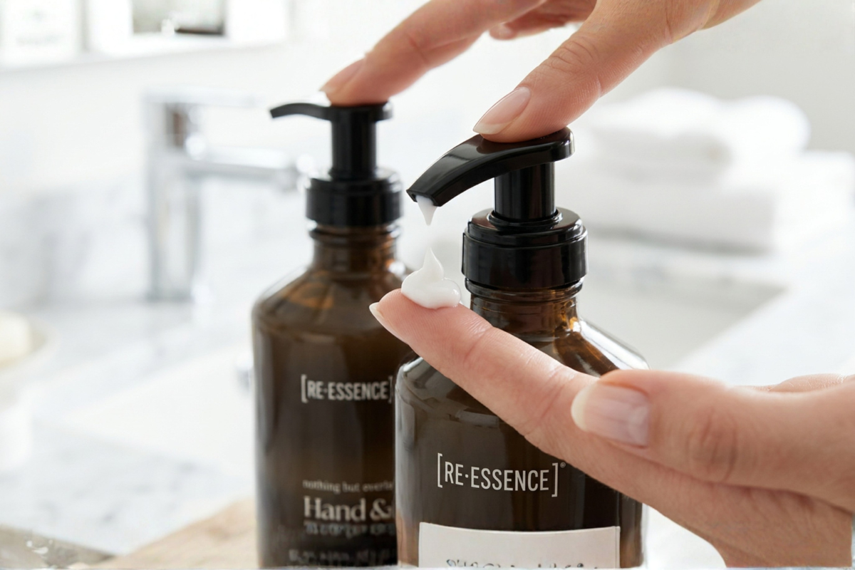 [RE�ESSENCE] Hand & Body Lotion i elegant m�rk glasdispenser hos Helseservice.