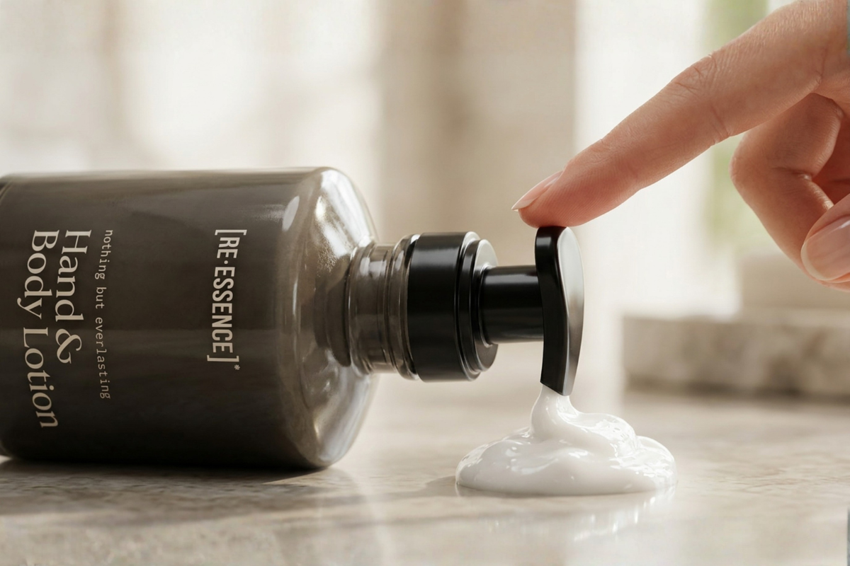 [RE�ESSENCE] Hand & Body Lotion i elegant ravfarvet glasdispenser hos Helseservice.
