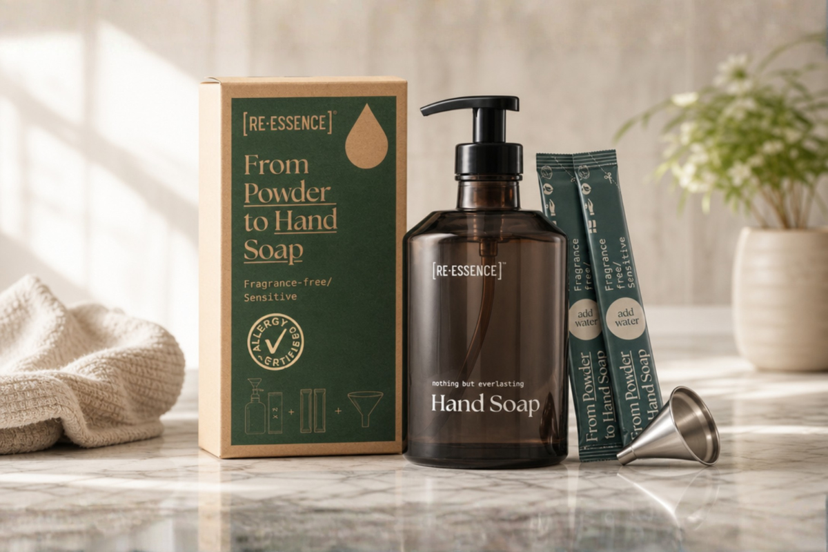 [RE-ESSENCE] H�nds�be Gaves�t Parfumefri i m�rkt ravfarvet glas hos Helseservice.