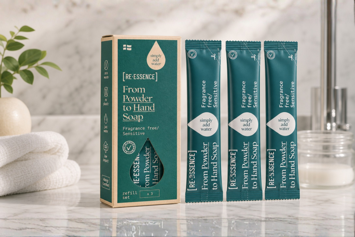 [RE-ESSENCE] H�nds�be 3-pak Refill Parfumefri og Sensitiv pr�senteret hos Helseservice.