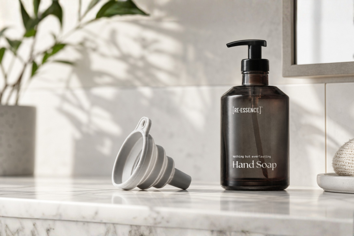 [RE�ESSENCE] sammenklappelig silikonetragt set fra siden i en kompakt, gr� finish p� sort baggrund.