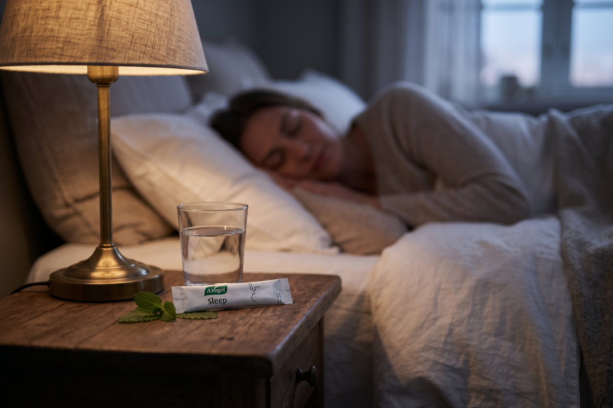 N�rbillede af et let, sandfarvet granulatpulver der h�ldes ud af en A. Vogel Sleep stick, med friske gr�nne urter i en bl�d og sl�ret aftenbaggrund.