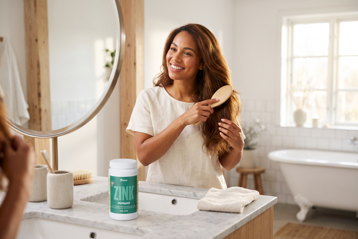 Biorto Zink Immune, hvid d�se med gr�n etiket og lyser�d fugl, 90 veganske kapsler.