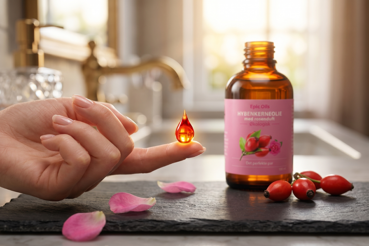Epic Oils �kologisk Hybenkerneolie med Rosenduft 100 ml i brun glasflaske med pink etiket
