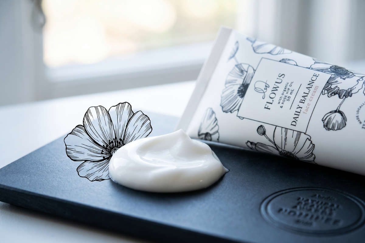 Flowus Daily Balance Face Cream 50 ml i hvid tube med sort botanisk illustration