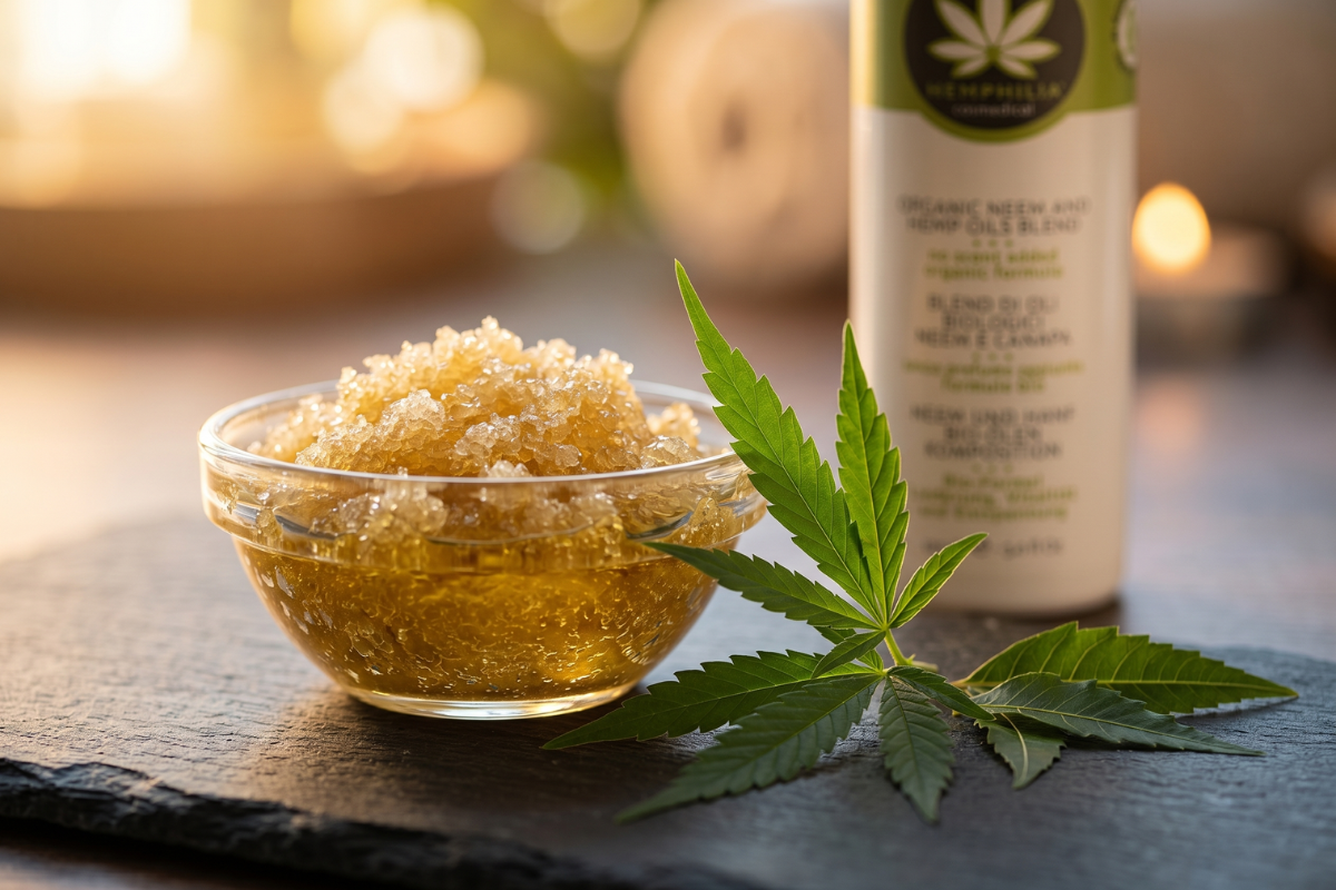 Hemphilia �kologisk Neem og Hampolie Blend 100 ml i hvid og gr�n flaske