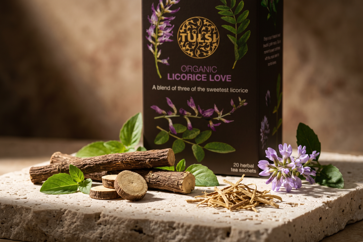 Tulsi Licorice Love �kologisk lakridste m�rkebrun �ske med guldlogo