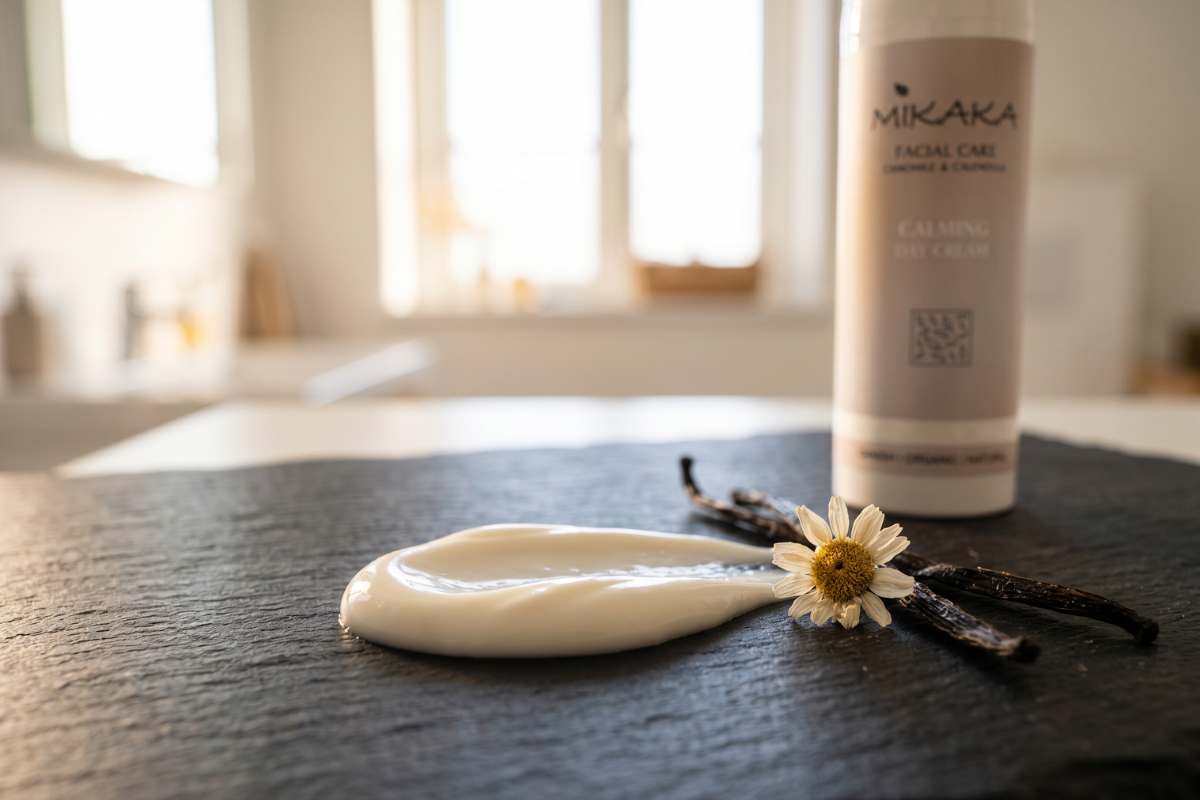 Mikaka Skincare Calming Day Cream 50 ml i hvid og ferskenfarvet pumpeflaske