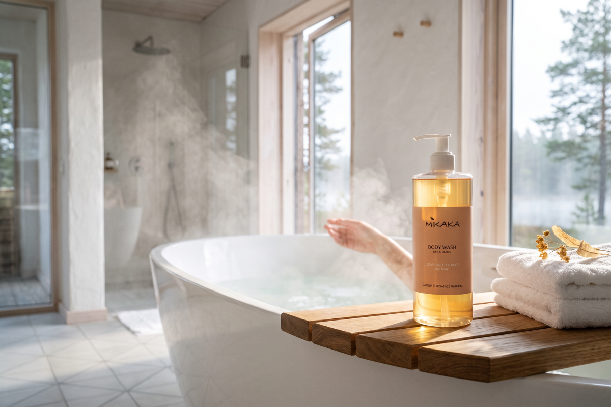 Mikaka Body Wash Oat & Linden 300 ml. En smuk, transparent flaske med pumpe, hvor den gyldne s�be og den ferskenfarvede etiket tydeligt fremg�r.