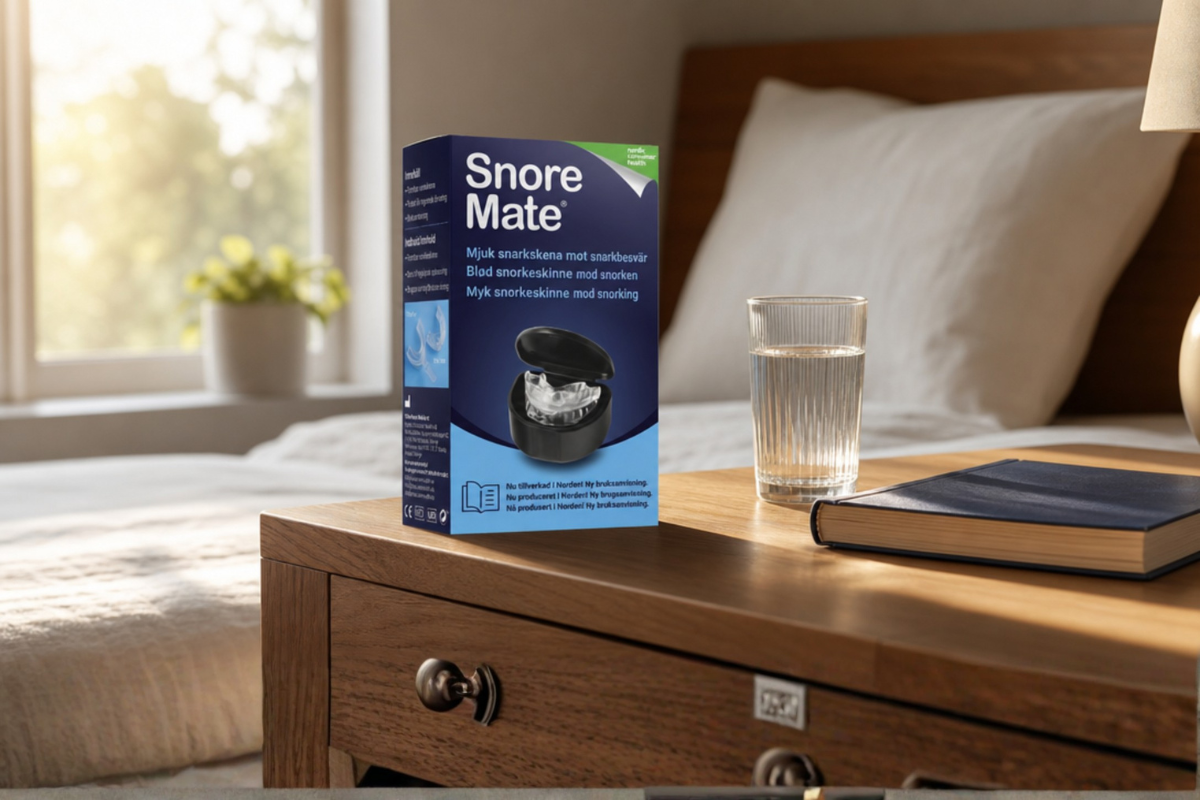 SnoreMate Snorkeskinne i bl�dt termoplastmateriale vist med opbevarings�ske hos Helseservice.