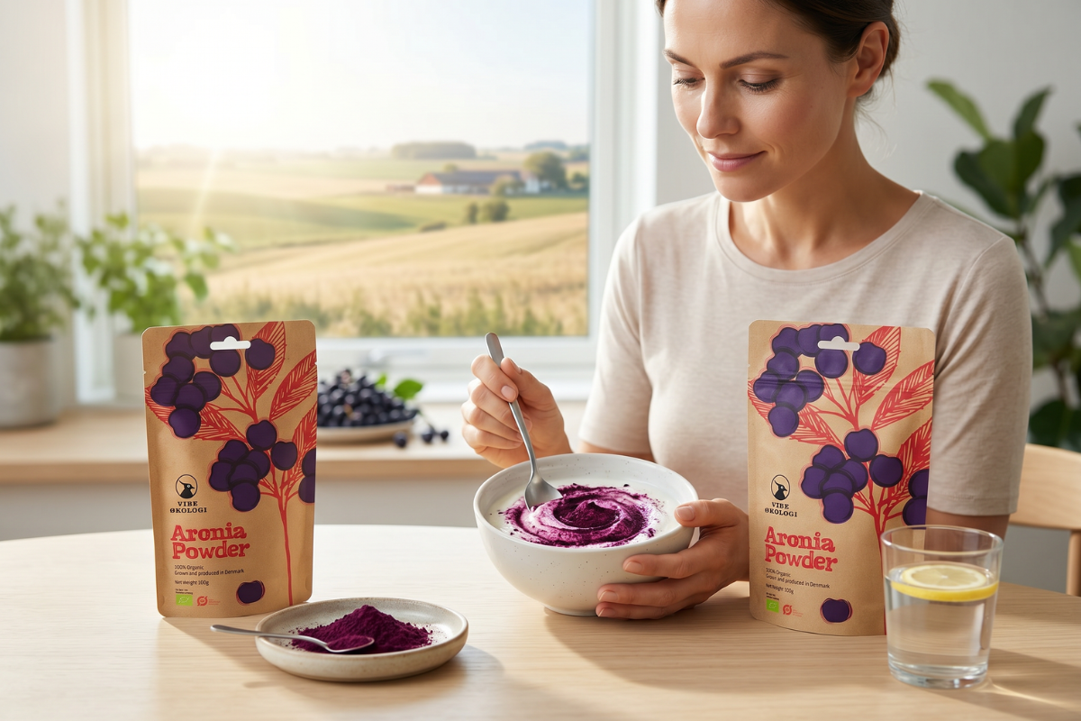 Vibe �kologi Aronia Pulver 100g pose med illustration af aroniab�r