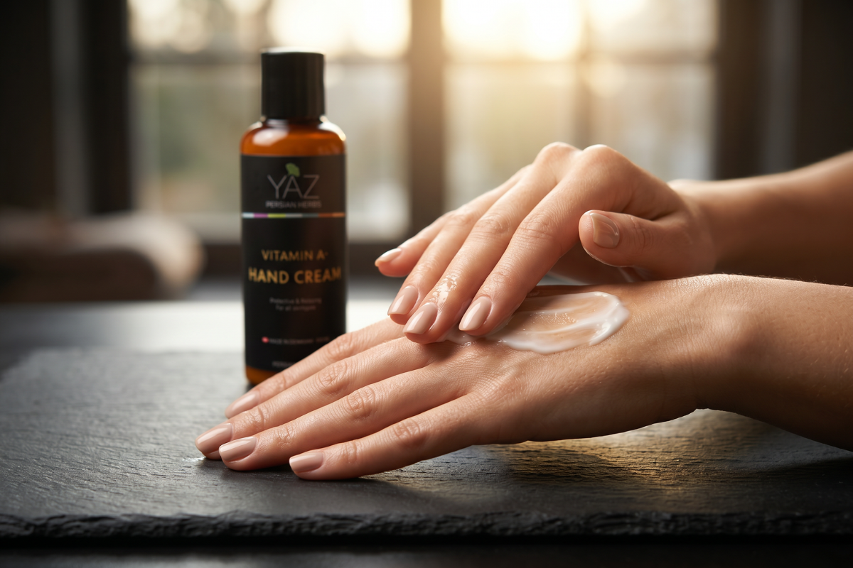 YAZ Persian Herbs Vitamin A Hand Cream 100 ml i brun flaske med sort og guld etiket