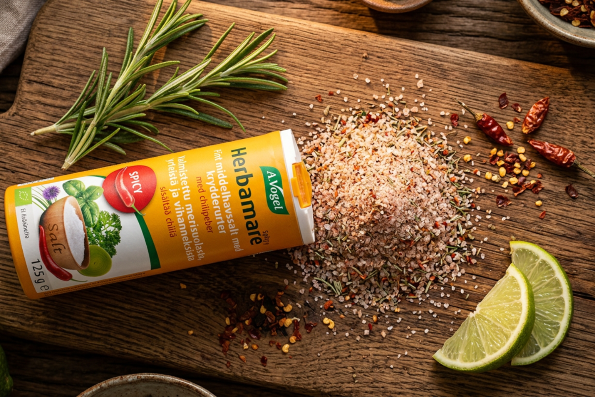 A.Vogel Herbamare Spicy 125g � Chilikrydret urtesalt pr�senteret i luksus k�kkenmilj�