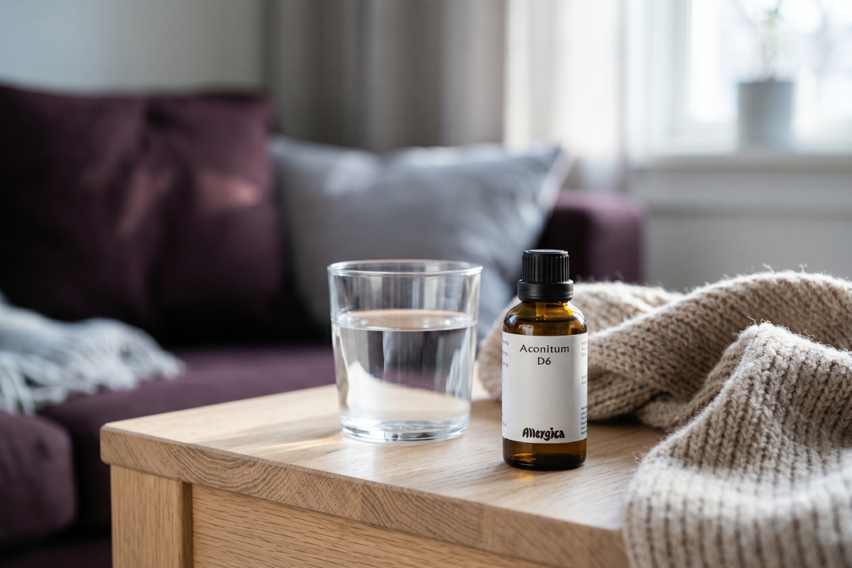 Den klassiske m�rkebrune glasflaske fra Allergica med hvid etiket. Flasken indeholder 50 ml Aconitum D6 dr�ber og har en praktisk indbygget dr�bet�ller i toppen.