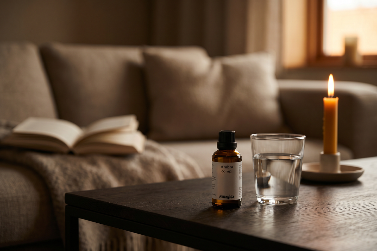 Den klassiske m�rkebrune glasflaske fra Allergica. Etiketten er enkel og hvid. Flasken indeholder 50 ml Ambra comp. dr�ber og har en praktisk indbygget dr�bet�ller i toppen.