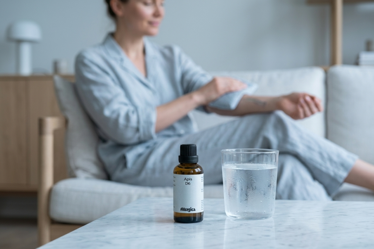 Den klassiske m�rkebrune apoteker-glasflaske fra Allergica. Etiketten har et roligt, klinisk og stilrent hvidt/gr�t design med navnet Apis D6 tydeligt centreret. Flasken indeholder 50 ml dr�ber og har en indbygget dr�bet�ller.