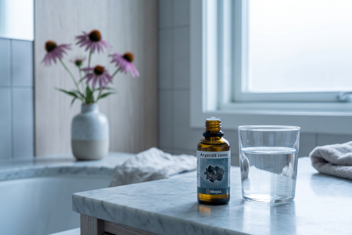Den klassiske m�rkebrune apoteker-glasflaske fra Allergica. Etiketten har en sval, s�lvgr� baggrund med et motiv af krystallisk s�lvsulfid (Argentite). Flasken indeholder 50 ml dr�ber og har en indbygget dr�bet�ller.