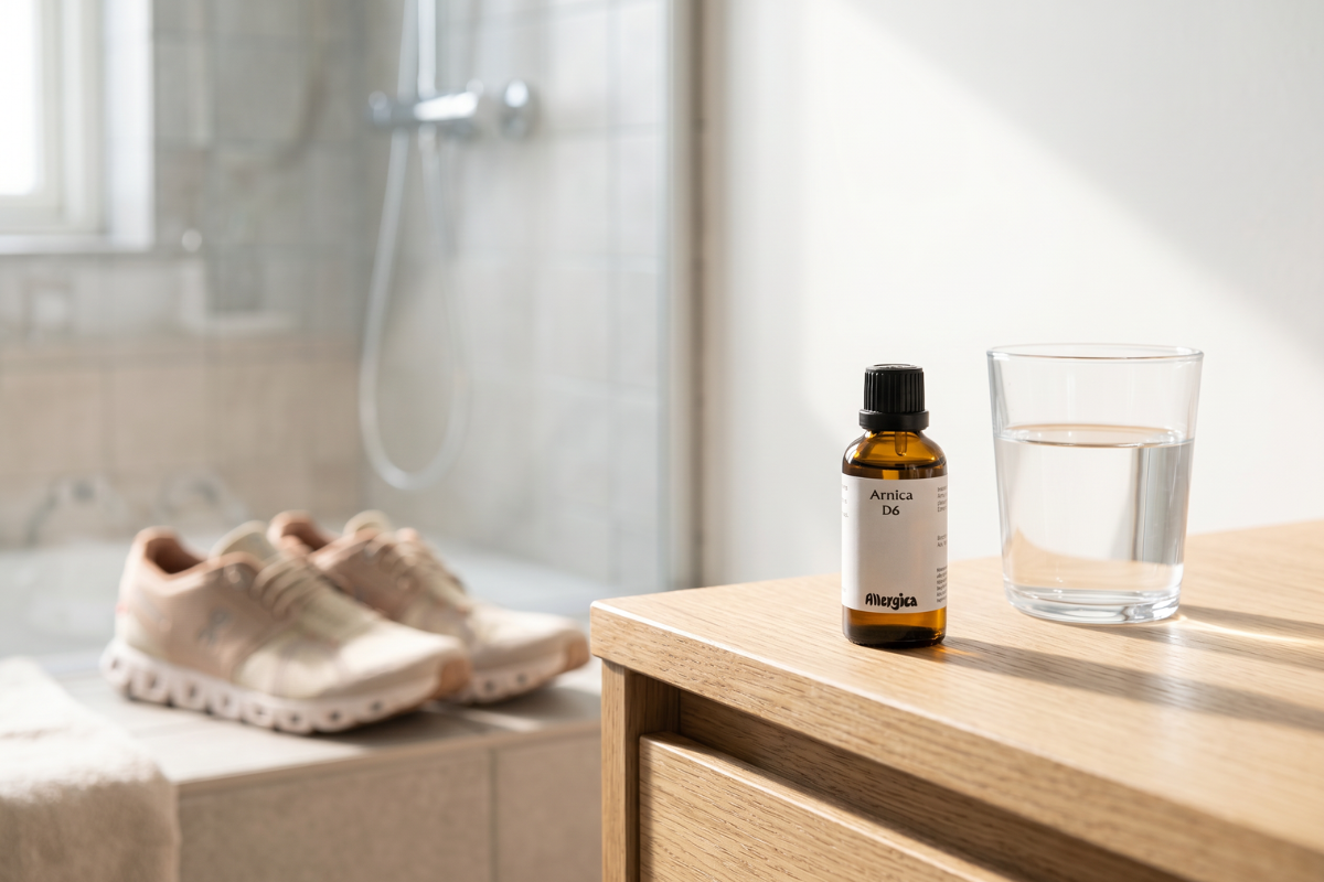 Den klassiske m�rkebrune apoteker-glasflaske fra Allergica. Etiketten er stilren og hvid med navnet Arnica D6. Flasken indeholder 50 ml dr�ber og har en praktisk indbygget dr�bet�ller in toppen.