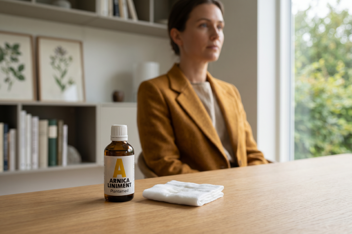 Den klassiske m�rkebrune apoteker-glasflaske fra Allergica. Etiketten har et roligt hvidt og stilrent design med navnet Arnica liniment. Flasken indeholder 50 ml v�ske beregnet til udvortes brug.