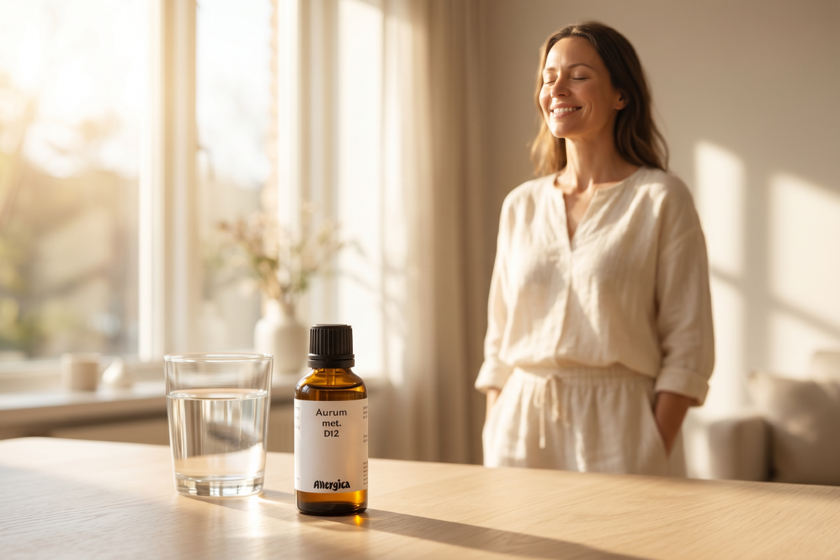 Den klassiske m�rkebrune apoteker-glasflaske fra Allergica. Etiketten har et roligt, klinisk design med abstrakte geometriske detaljer i varme, solgyldne nuancer. Flasken indeholder 50 ml dr�ber og har en indbygget dr�bet�ller.