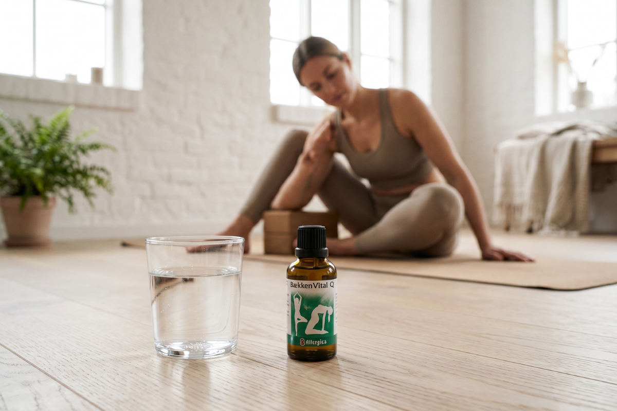 Den klassiske m�rkebrune apoteker-glasflaske fra Allergica. Etiketten har en gr�n baggrund med to hvide kvindesilhuetter, der udf�rer smidige yoga-str�k for b�kkenomr�det. Flasken indeholder 50 ml dr�ber og har en indbygget dr�bet�ller.