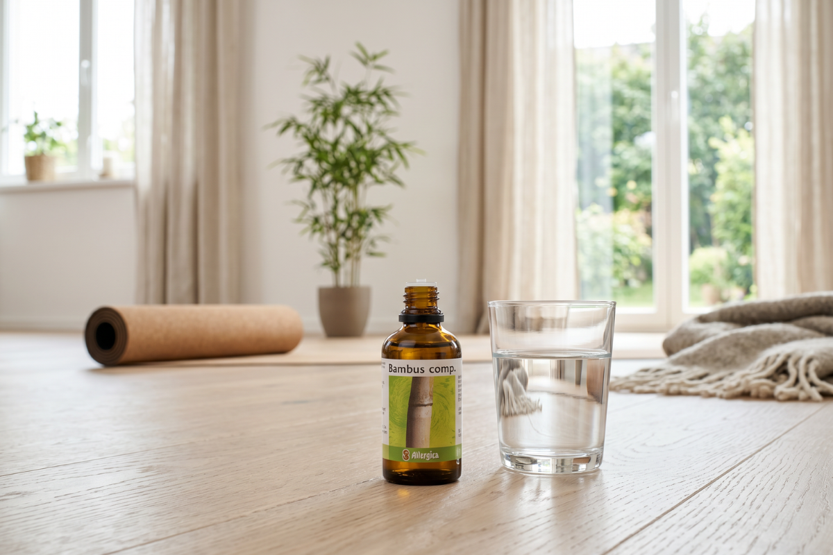 Den klassiske m�rkebrune apoteker-glasflaske fra Allergica. Etiketten har en gr�n baggrund med et naturtro motiv af en st�rk bambusstamme. Flasken indeholder 50 ml dr�ber og har en indbygget dr�bet�ller.