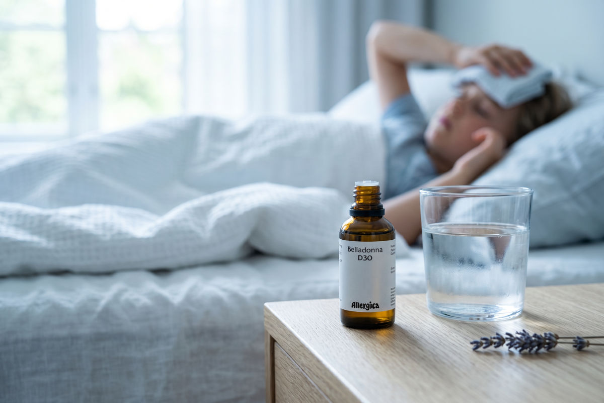 Den klassiske m�rkebrune apoteker-glasflaske fra Allergica. Etiketten er enkel og hvid. Flasken indeholder 50 ml Belladonna D30 og er udstyret med en praktisk indbygget dr�bet�ller i toppen.