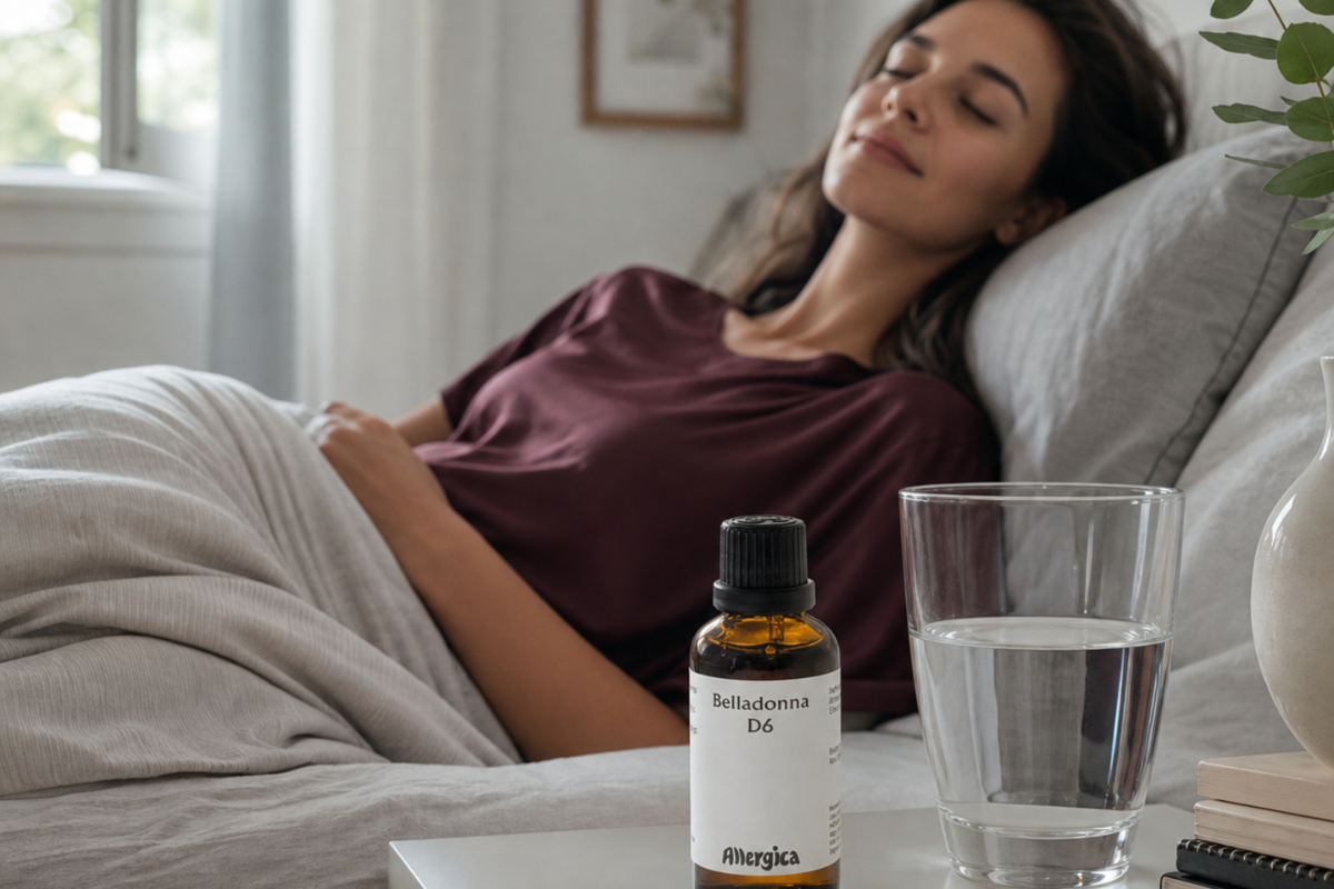 Den klassiske m�rkebrune apoteker-glasflaske fra Allergica. Etiketten har et roligt, klinisk og stilrent hvidt/gr�t design med navnet Belladonna D6 tydeligt centreret. Flasken indeholder 50 ml dr�ber og har en indbygget dr�bet�ller.