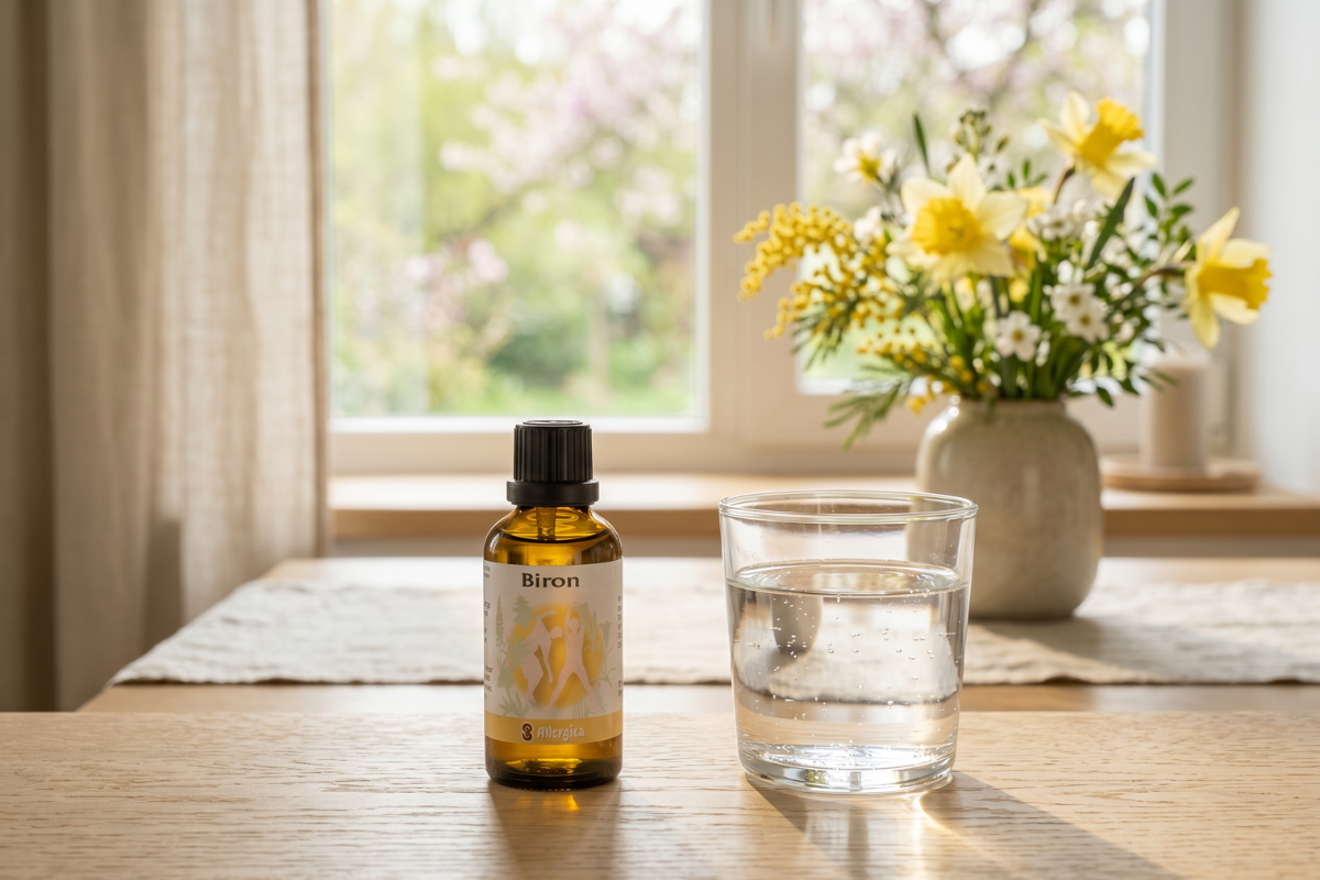 Den klassiske m�rkebrune glasflaske fra Allergica. Etiketten har smukke, gule for�rsmotiver. Flasken indeholder 50 ml Biron dr�ber og har en praktisk indbygget dr�bet�ller i toppen.