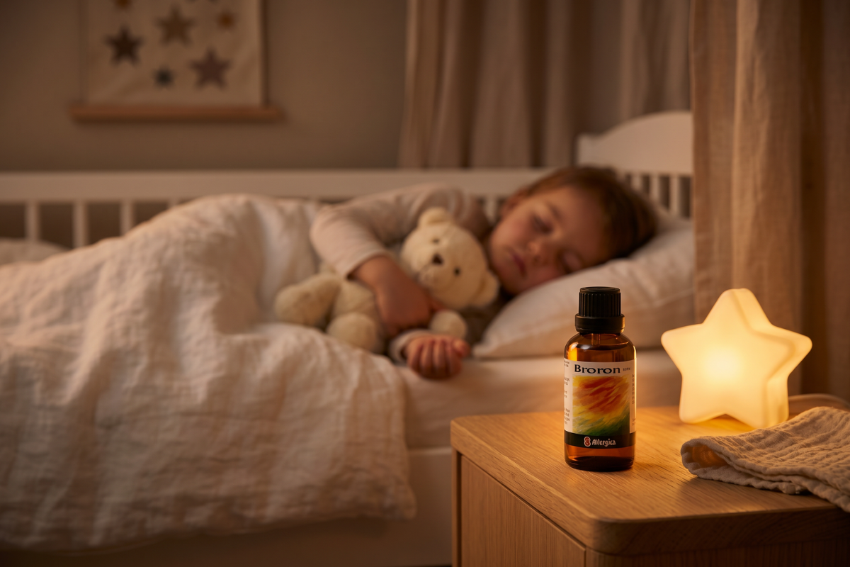 Den klassiske m�rkebrune apoteker-glasflaske fra Allergica. Etiketten har et varmt og trygt motiv i penselstr�g af gyldne, orange og gr�nne nuancer. Flasken indeholder 50 ml dr�ber og har eine indbygget dr�bet�ller.