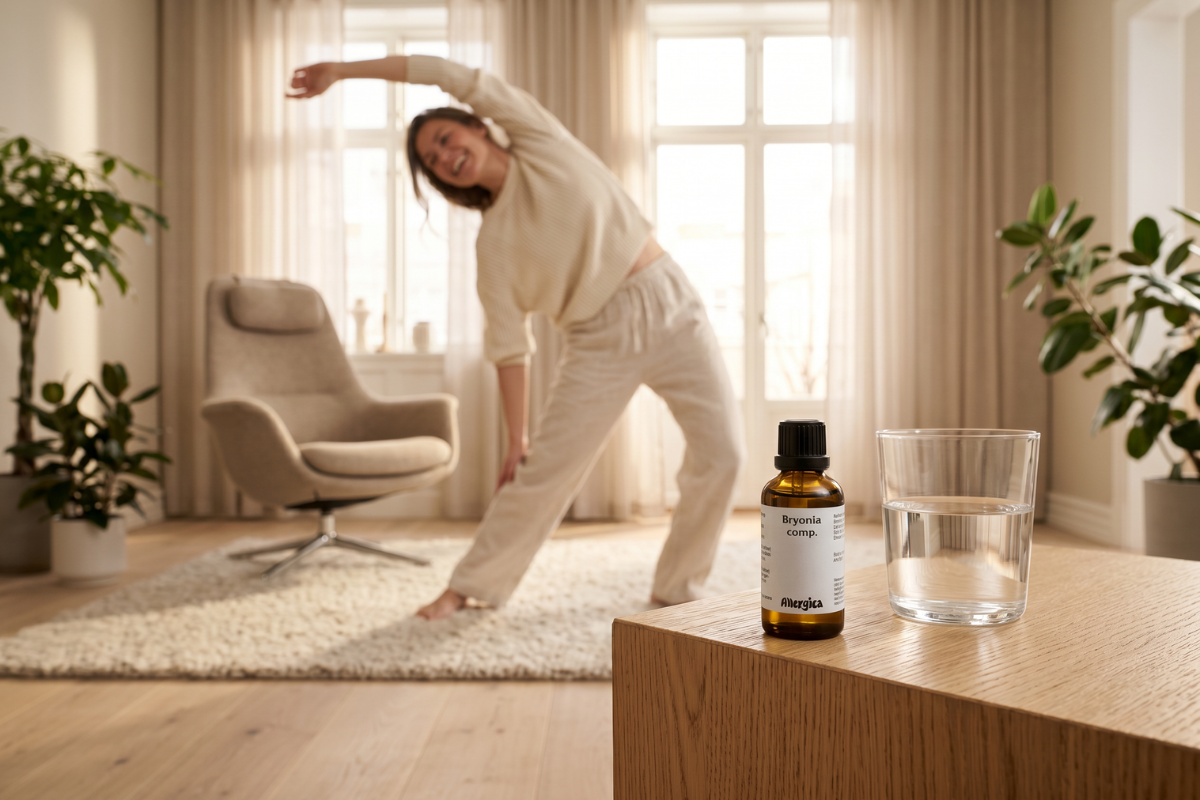 Den klassiske m�rkebrune apoteker-glasflaske fra Allergica. Etiketten har et roligt, klinisk og stilrent hvidt/gr�t design med navnet Bryonia comp. tydeligt centreret. Flasken indeholder 50 ml dr�ber og har en indbygget dr�bet�ller.