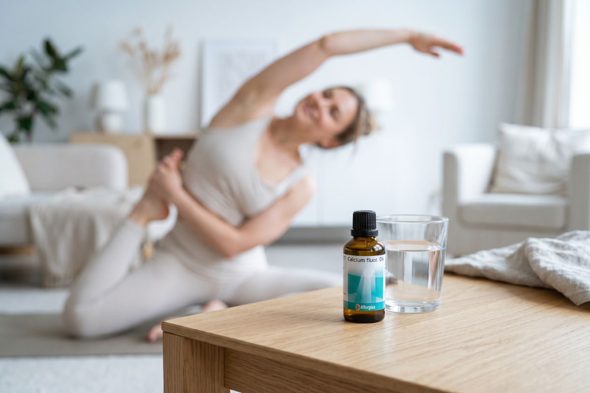 Den klassiske m�rkebrune apoteker-glasflaske fra Allergica. Etiketten har et roligt, klinisk og stilrent hvidt/gr�t design med et motiv af en turkis krystal, der symboliserer Calcium fluor. Flasken indeholder 50 ml dr�ber og har en indbygget dr�bet�ller.