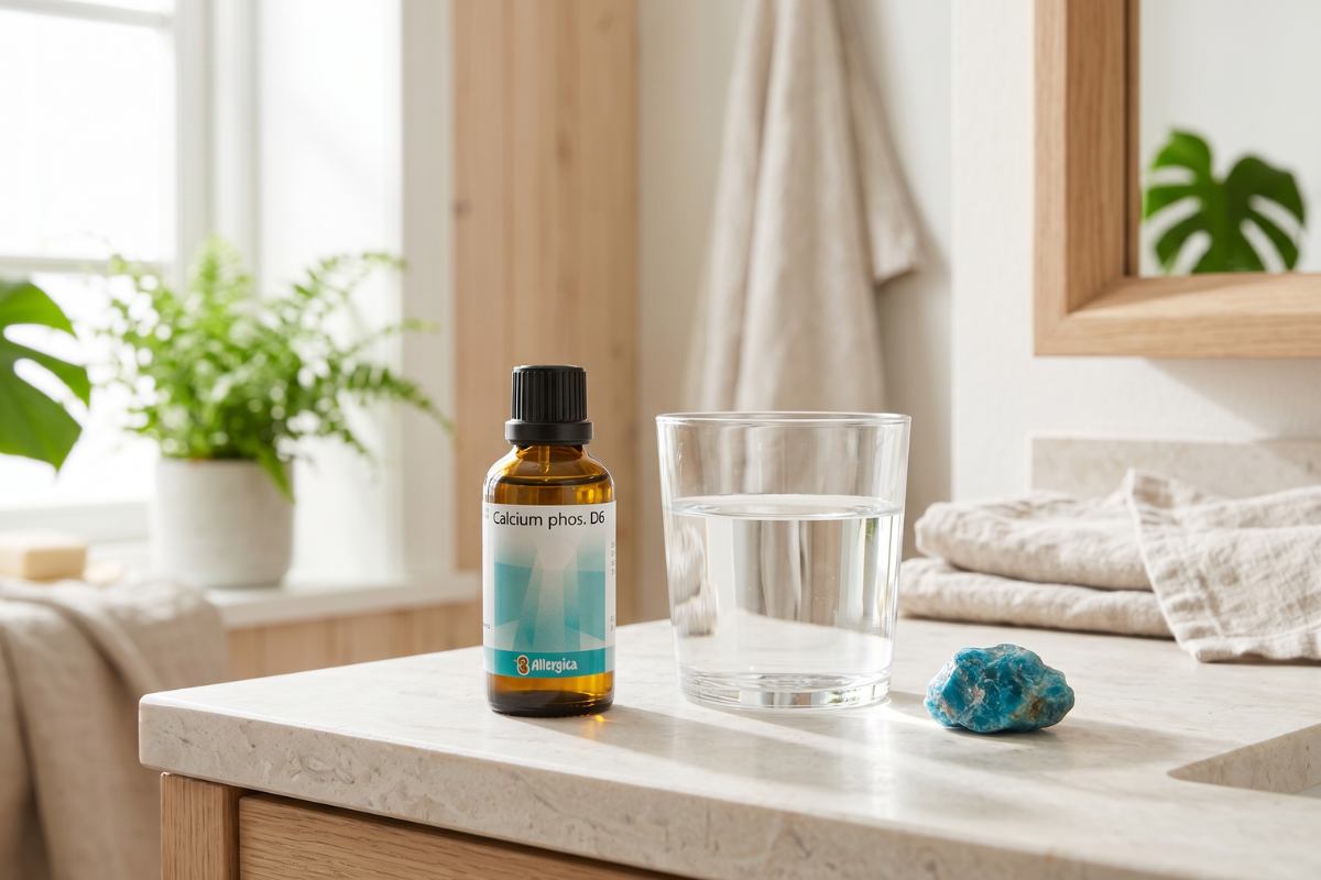 Den klassiske m�rkebrune glasflaske fra Allergica. Etiketten har smukke turkise og bl�lige illustrationer, der matcher navnet Calcium phos. D6. Flasken indeholder 50 ml dr�ber og har en praktisk indbygget dr�bet�ller i toppen.