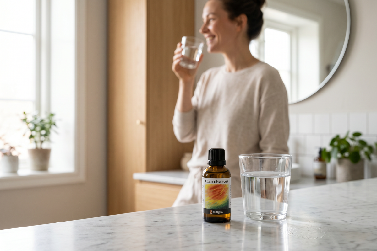 Den klassiske m�rkebrune apoteker-glasflaske fra Allergica. Etiketten har et smukt, abstrakt akvarelmotiv i flammende gule, orange og r�de nuancer, der m�der en k�lig gr�n bund, symboliserende slukningen af indre ild. Flasken har en indbygget dr�bet�ller.