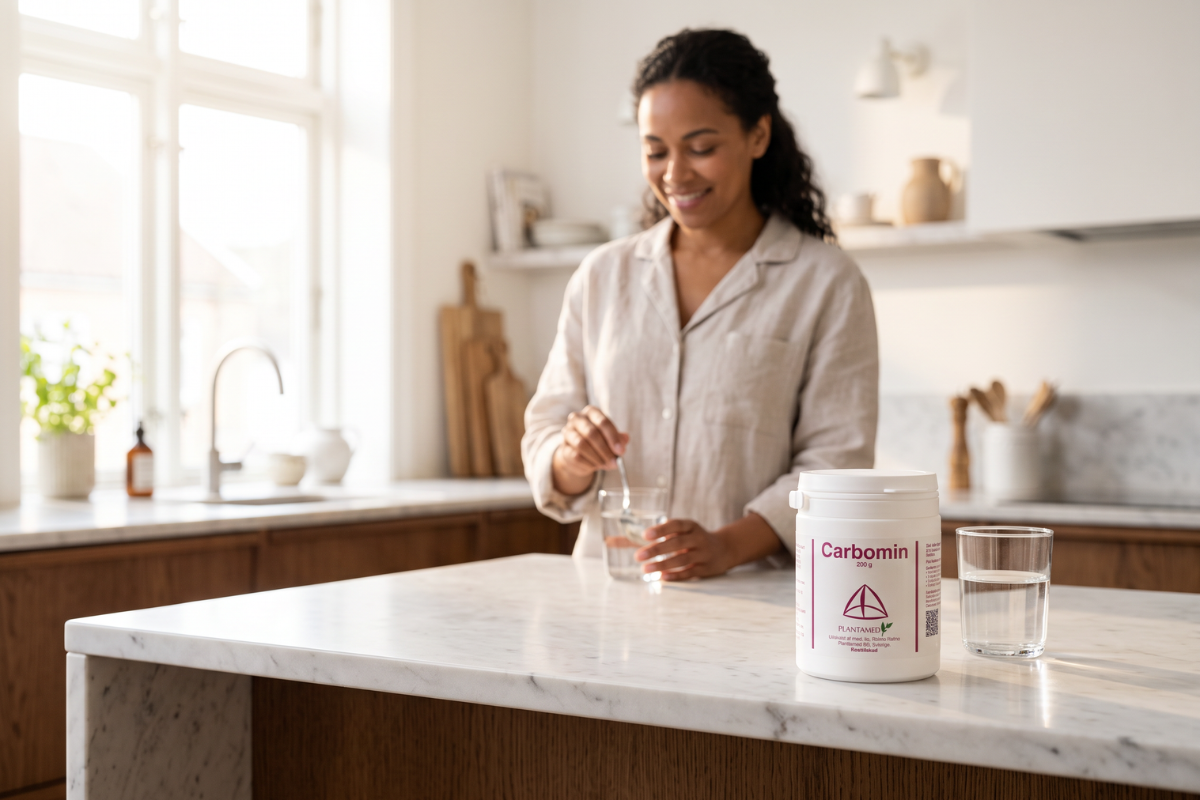 Plantamed Carbomin 200g. En hvid d�se med lilla og pink tekst, der tydeligt viser Plantamed-logoet og produktnavnet.