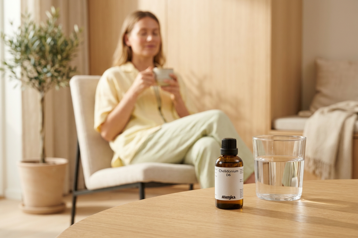 Den klassiske m�rkebrune apoteker-glasflaske fra Allergica. Etiketten har et roligt, klinisk og stilrent hvidt/gr�t design med navnet Chelidonium D6 tydeligt centreret. Flasken indeholder 50 ml dr�ber og har en indbygget dr�bet�ller.
