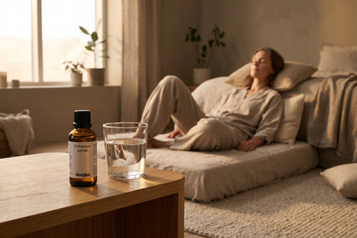 Den klassiske m�rkebrune apoteker-glasflaske fra Allergica. Etiketten har et roligt, klinisk og stilrent hvidt/gr�t design med navnet Cichorium comp. tydeligt centreret. Flasken indeholder 50 ml dr�ber og har en indbygget dr�bet�ller.