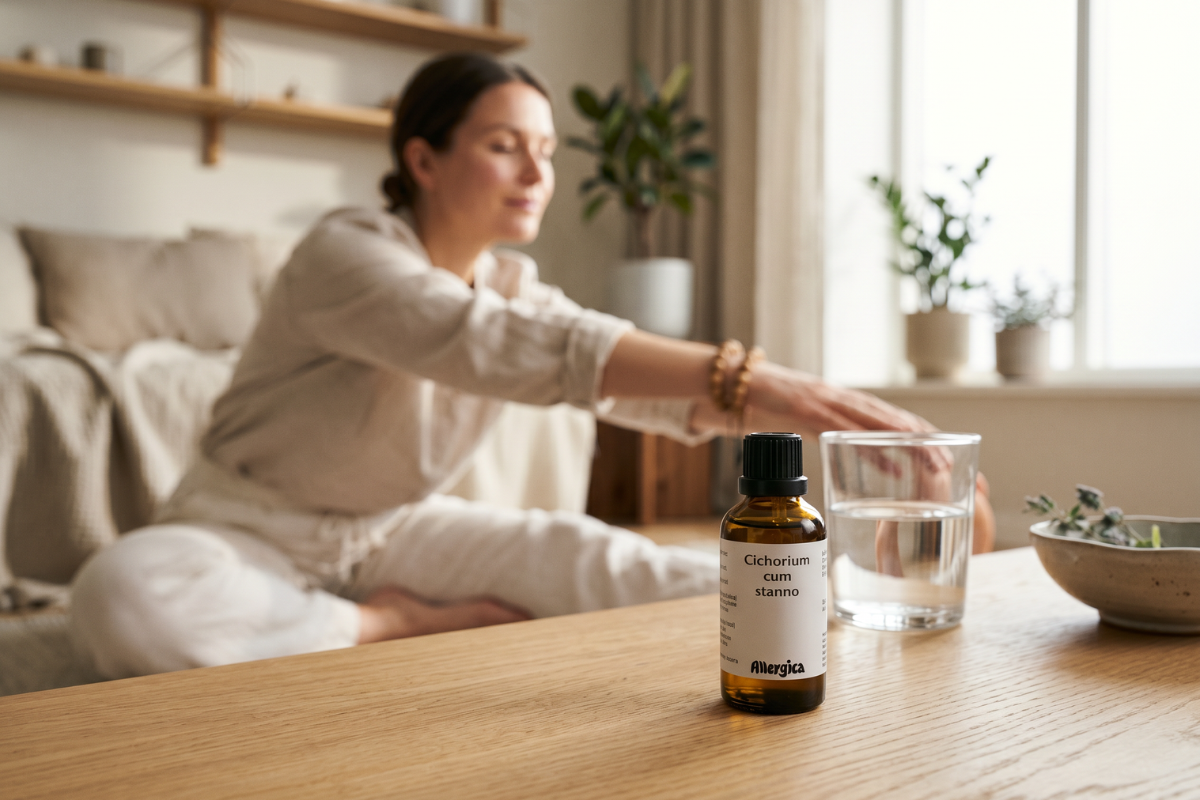 Den klassiske m�rkebrune apoteker-glasflaske fra Allergica. Etiketten har et roligt, klinisk og stilrent hvidt/gr�t design med navnet Cichorium cum stanno tydeligt centreret. Flasken indeholder 50 ml dr�ber og har en indbygget dr�bet�ller.