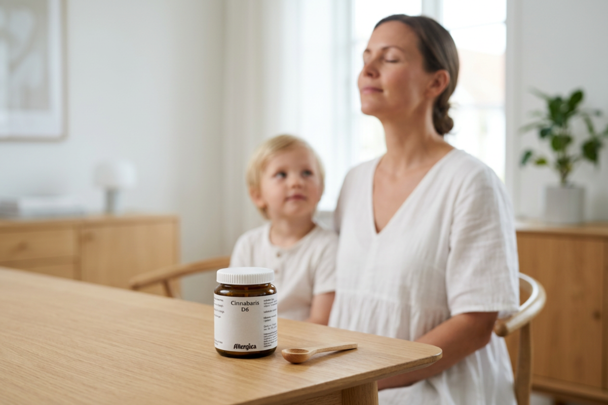 Allergica Cinnabaris D6 Pulver 50g i m�rkebrunt apotekerglas med medf�lgende m�leske.