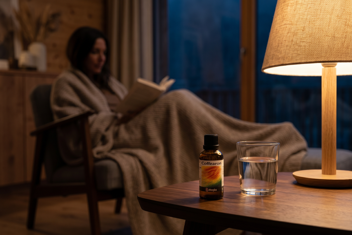 Den klassiske m�rkebrune apoteker-glasflaske fra Allergica. Etiketten har et smukt, abstrakt motiv malet med penselstr�g af gule, varme orange og rolige gr�nne nuancer. Flasken indeholder 50 ml dr�ber og har en indbygget dr�bet�ller.