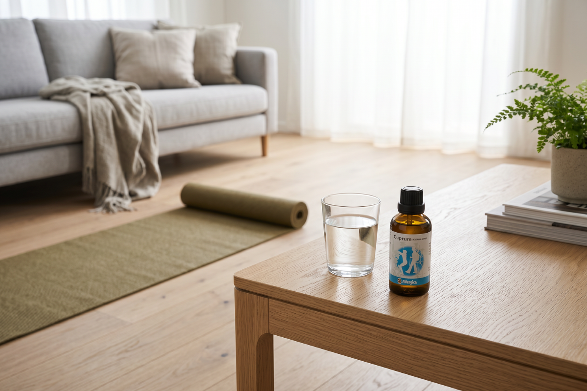 Den klassiske m�rkebrune apoteker-glasflaske fra Allergica. Etiketten har en bl� cirkel med hvide silhuetter af aktive mennesker, der vandrer og klatrer. Flasken indeholder 50 ml dr�ber og har en indbygget dr�bet�ller.