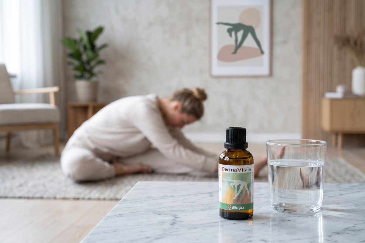 Den klassiske m�rkebrune apoteker-glasflaske fra Allergica. Etiketten har et roligt gr�nt og sandfarvet design med silhuetten af en person i en str�kkende yogaposition, der symboliserer indre balance, afsp�nding og smidigt bindev�v. Flasken indeholder 50 ml dr�ber og har en indbygget dr�bet�ller.